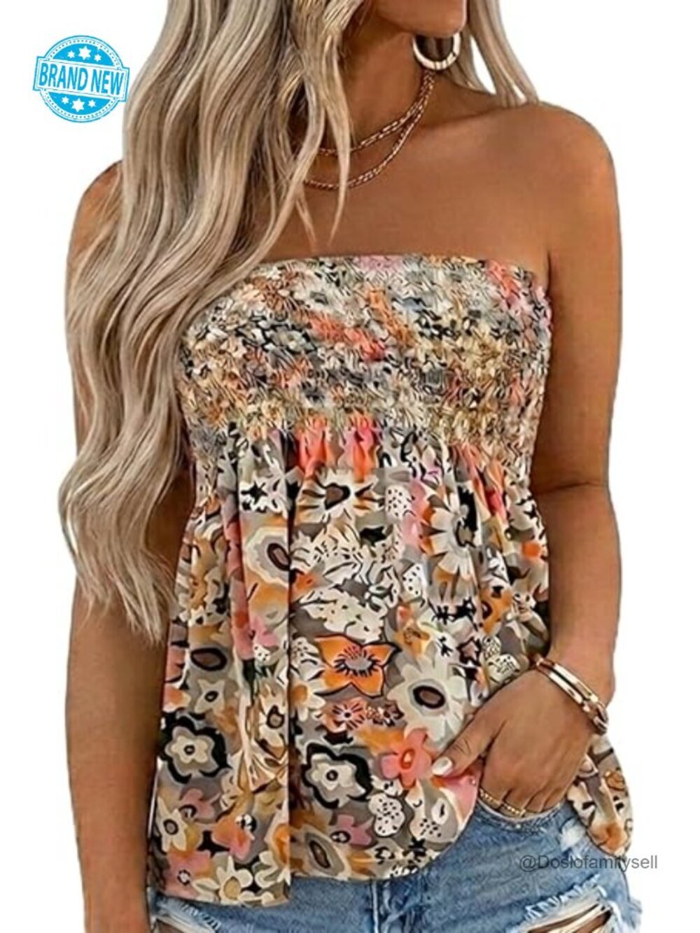Smocked Strapless Bandeau Tank Top Floral Tube Top Sleeveless Shirt